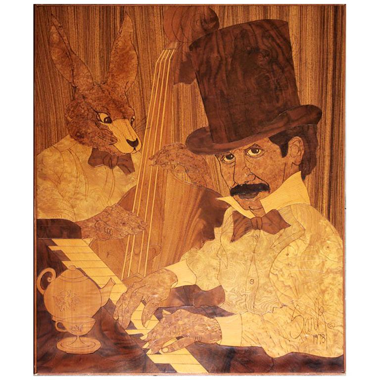 Mad Hatter & March Hare Marquetry Panel by Sark, signed 1978