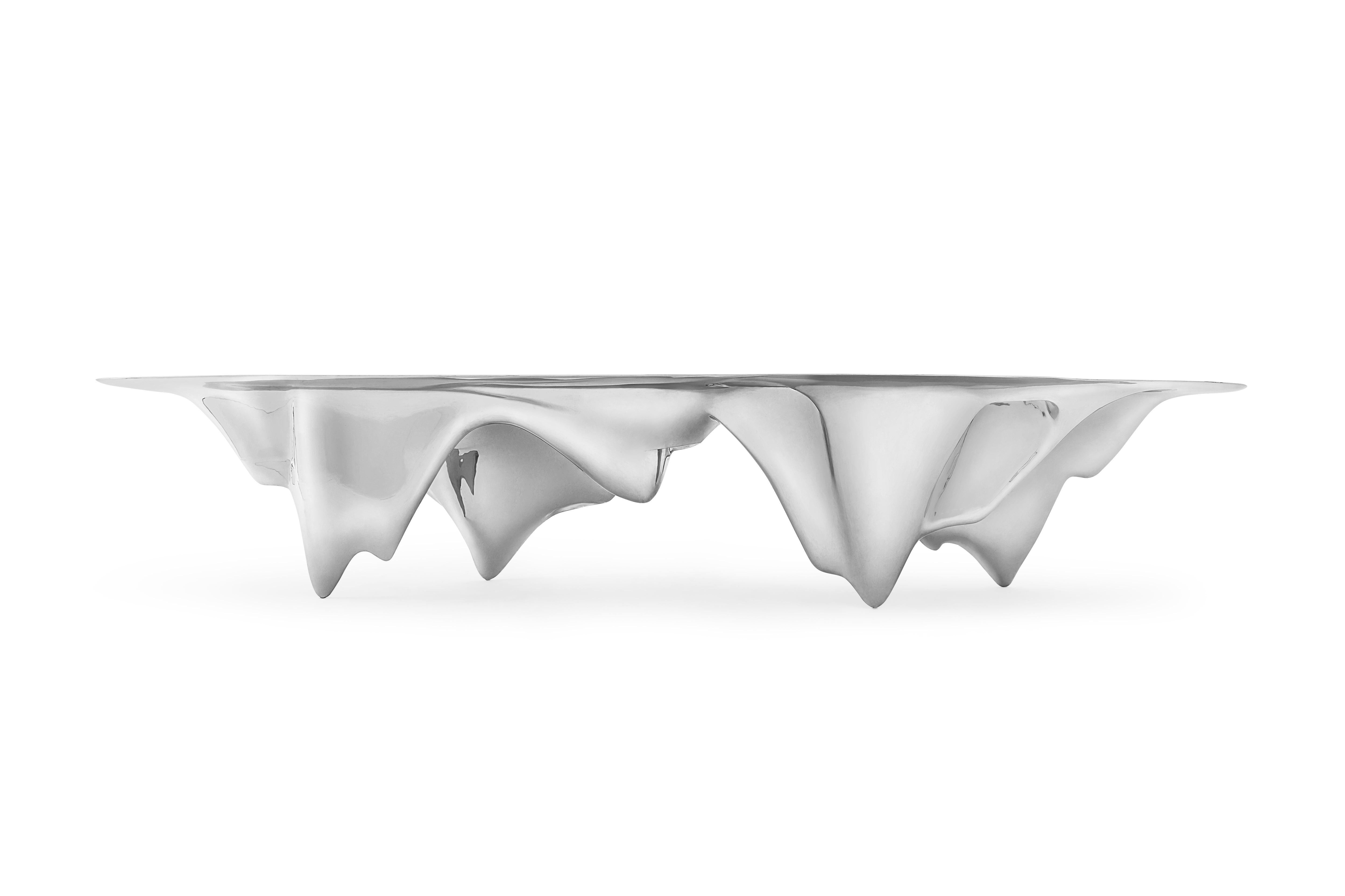 An inverted mountain range the dining table places the peaks of the Martian landscape at the centre of the communal domestic experience of the small colony. This epically large piece is made from CNC’d aluminum, a sophisticated manufacturing process