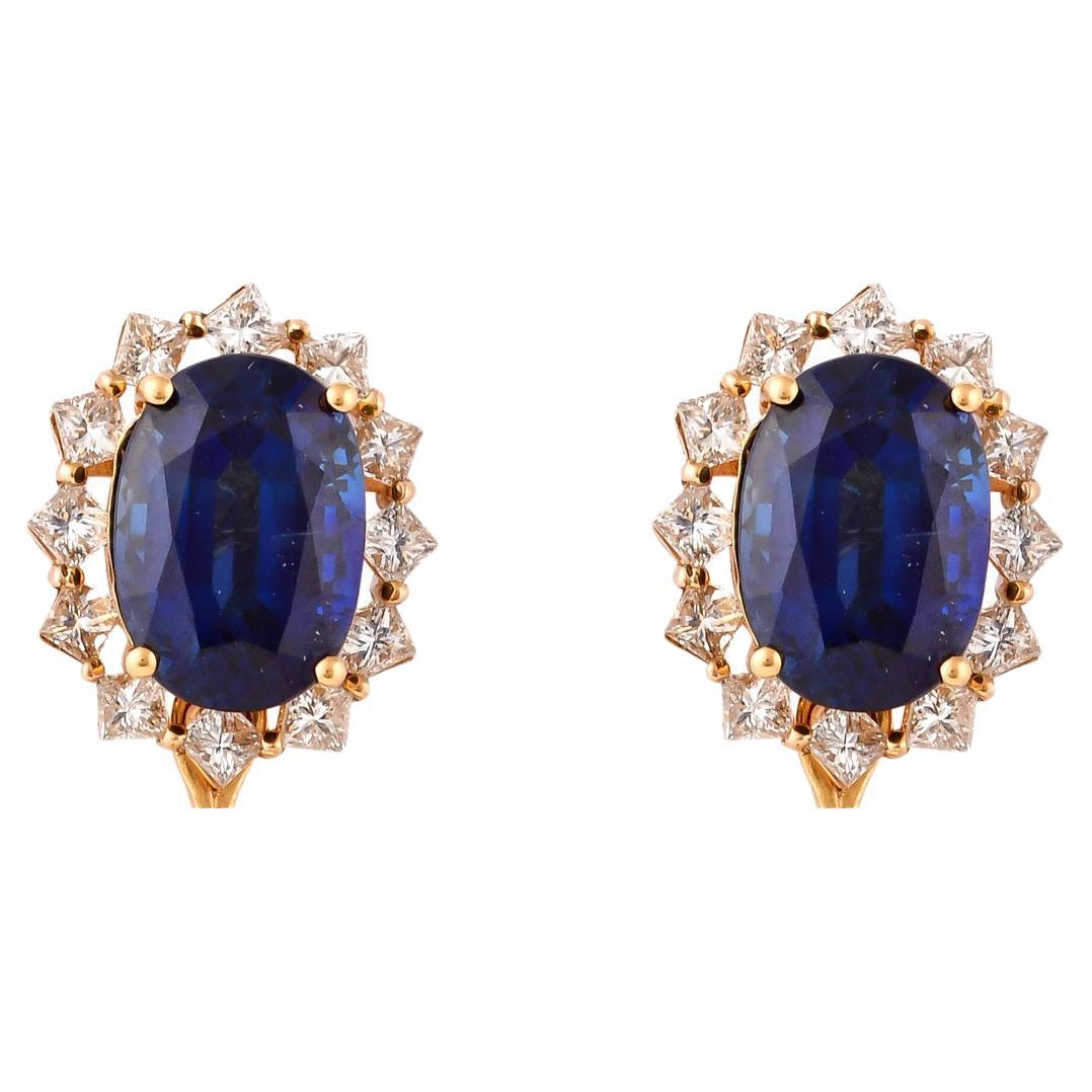 Blue Sapphire Stud Earrings with Diamond in 18 Karat Yellow Gold