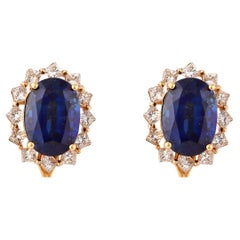 Blue Sapphire Stud Earrings with Diamond in 18 Karat Yellow Gold