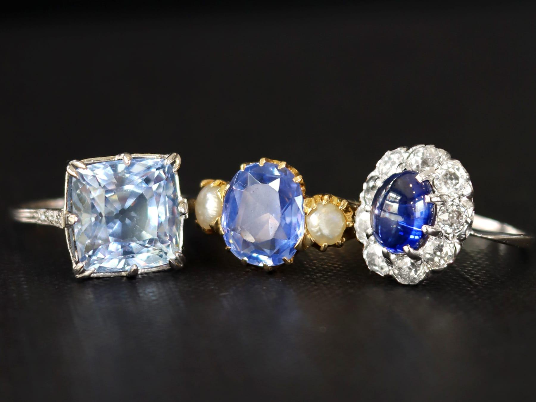 da uomo o donna Anello con zaffiro del Madagascar e diamante in platino - Antico in vendita