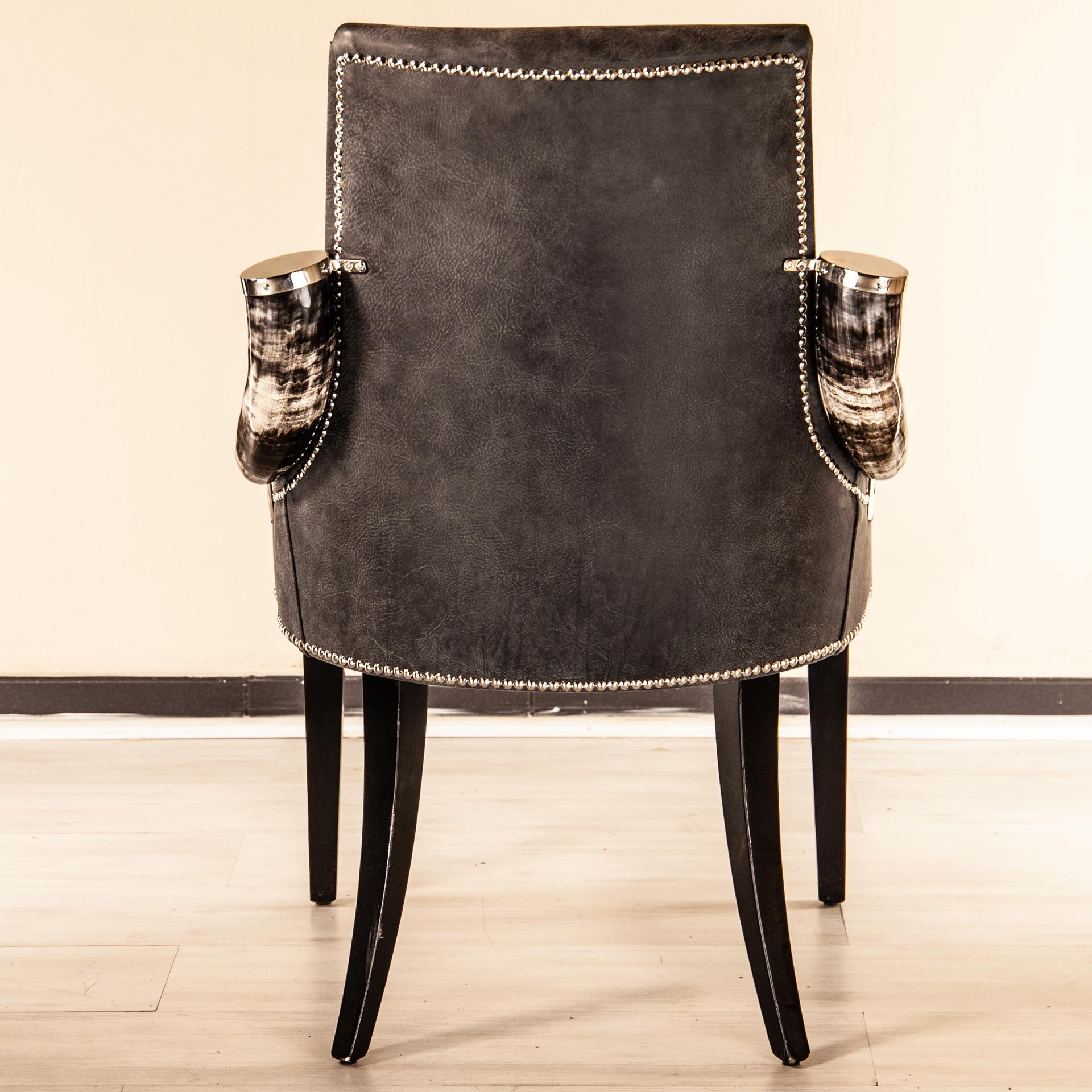 Madagascar Armchair, Leather and Natural American Horns Arm Rests, Brass Element In New Condition For Sale In Scandicci, Florence