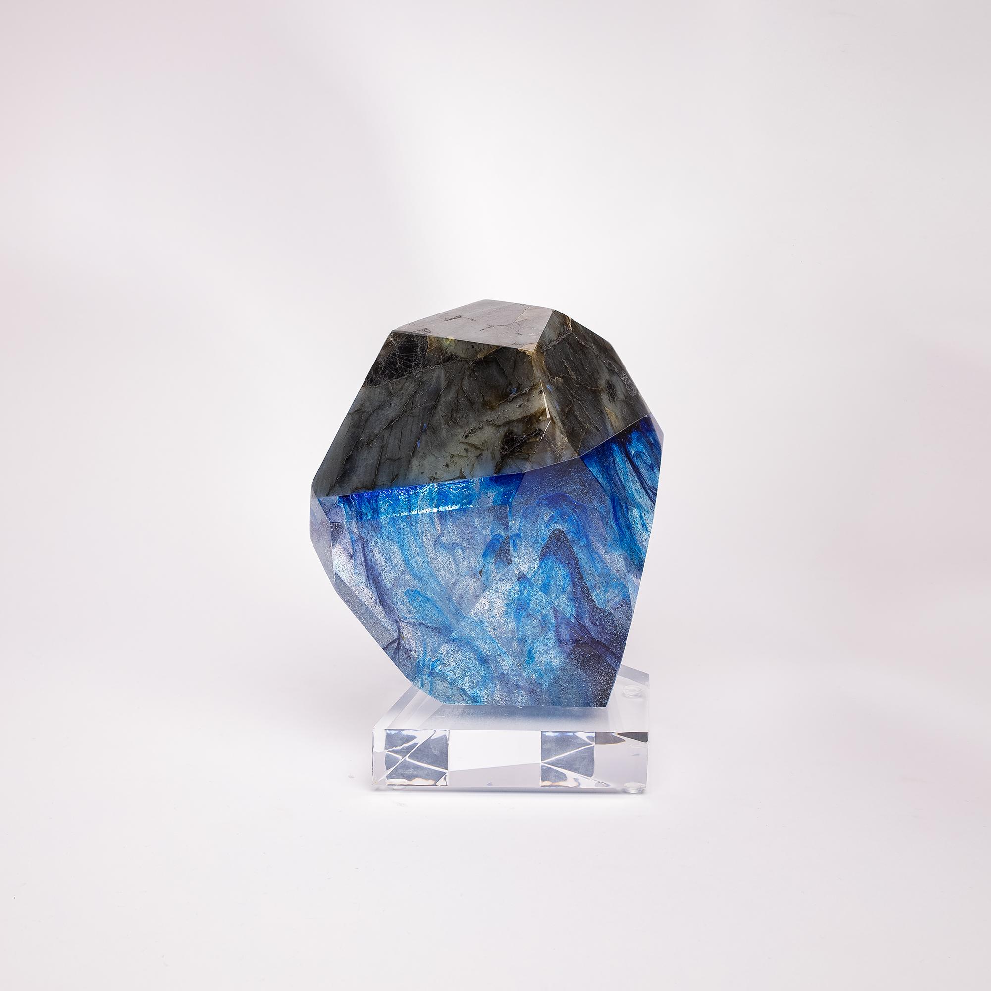 Organic Modern Madagascar Labradorite and Blue Shade Organic Shape Glass Fusion Sculpture