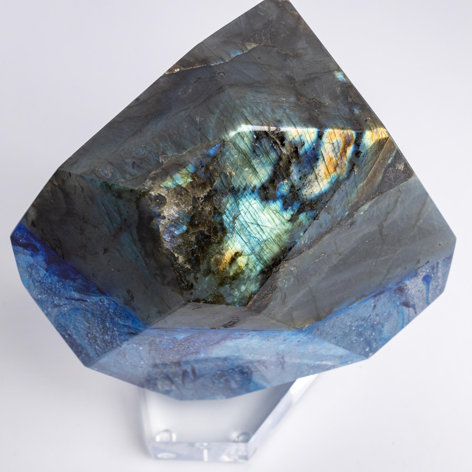 Contemporary Madagascar Labradorite and Blue Shade Organic Shape Glass Fusion Sculpture