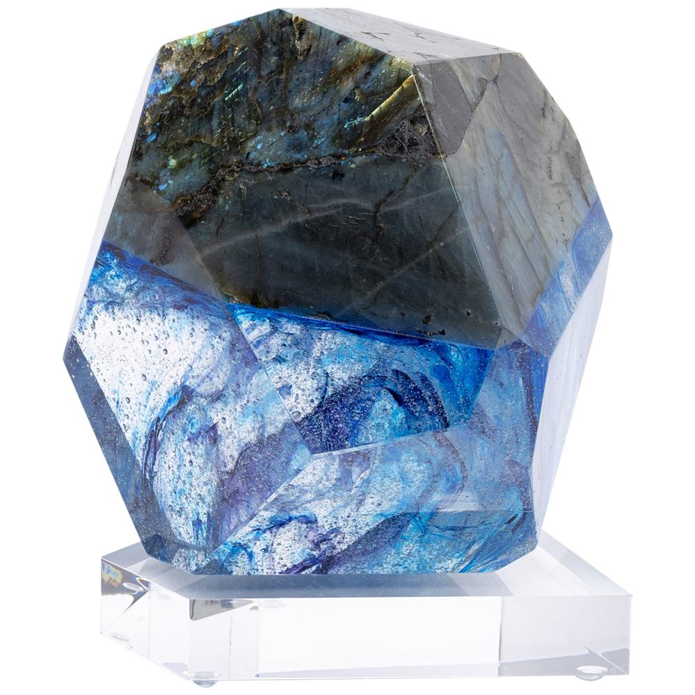 Madagascar Labradorite and Blue Shade Organic Shape Glass Fusion Sculpture