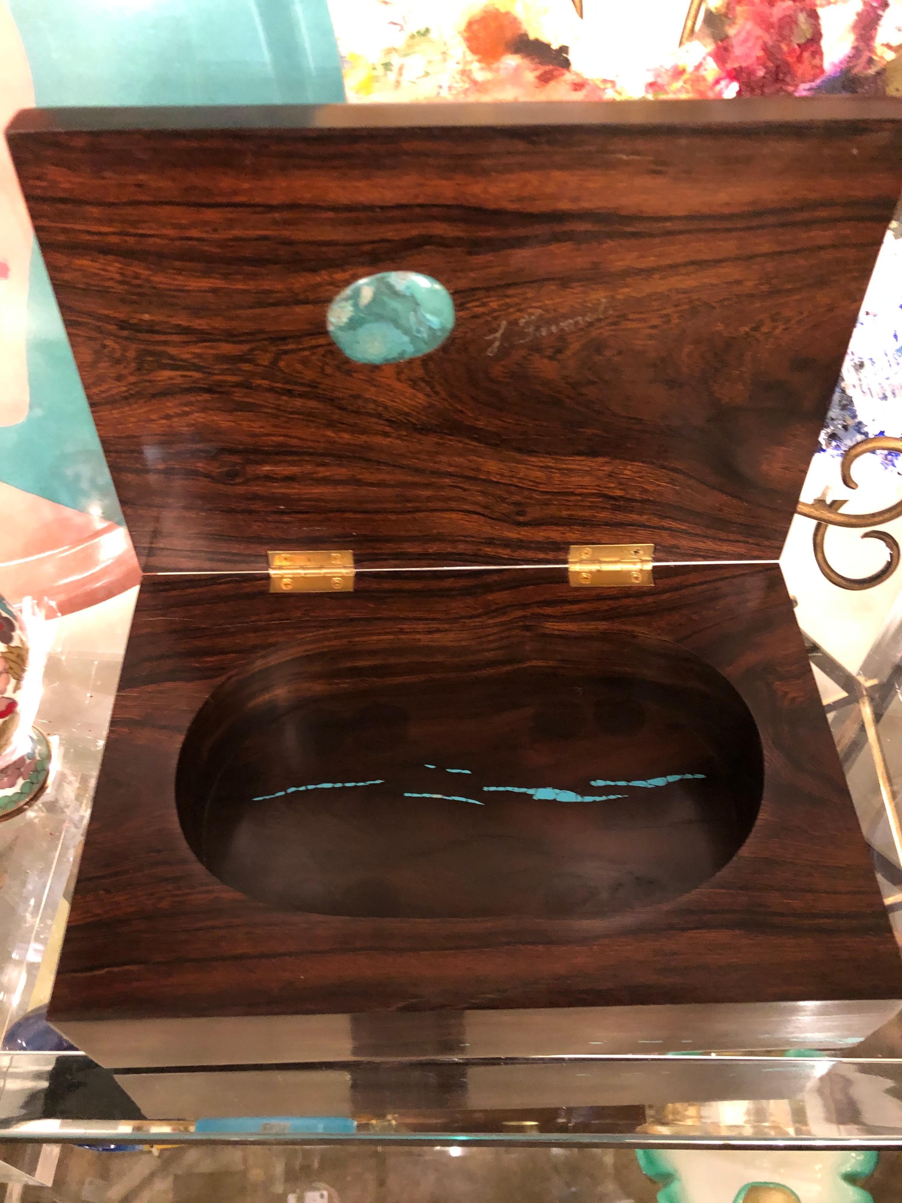 Contemporary Signed Madagascar Rosewood Box with Turquoise Tree Decoration by Elie Bleu