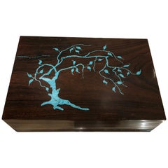 Signed Madagascar Rosewood Box with Turquoise Tree Decoration by Elie Bleu