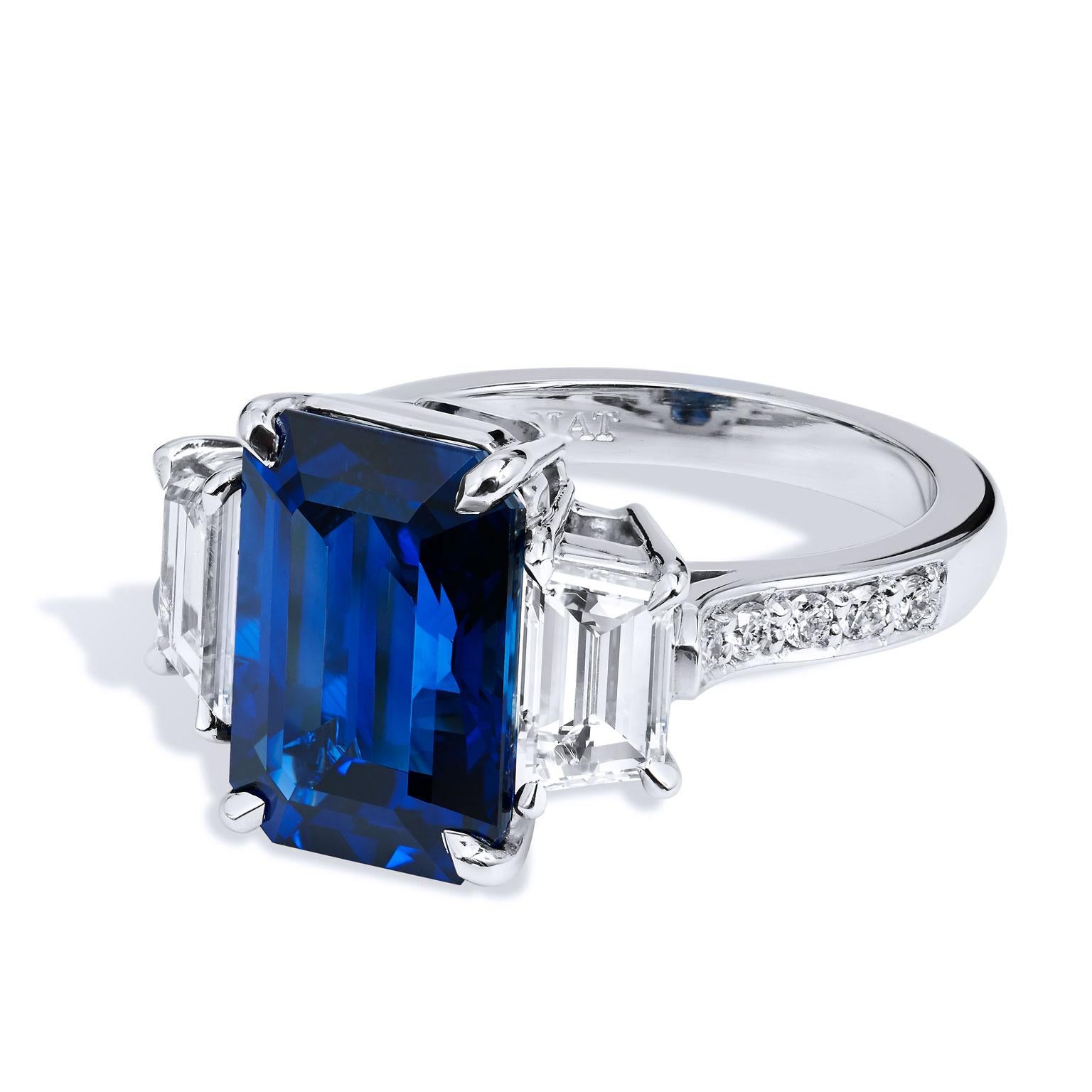 Emerald Cut Madagascar Royal Blue Sapphire Diamond Ring Handmade For Sale
