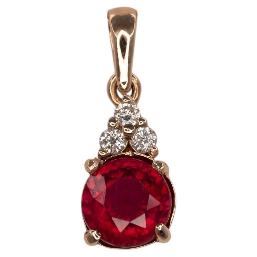 Madagascar Ruby Pendant with Natural Diamonds in Solid 14K Gold – Round 4.5mm