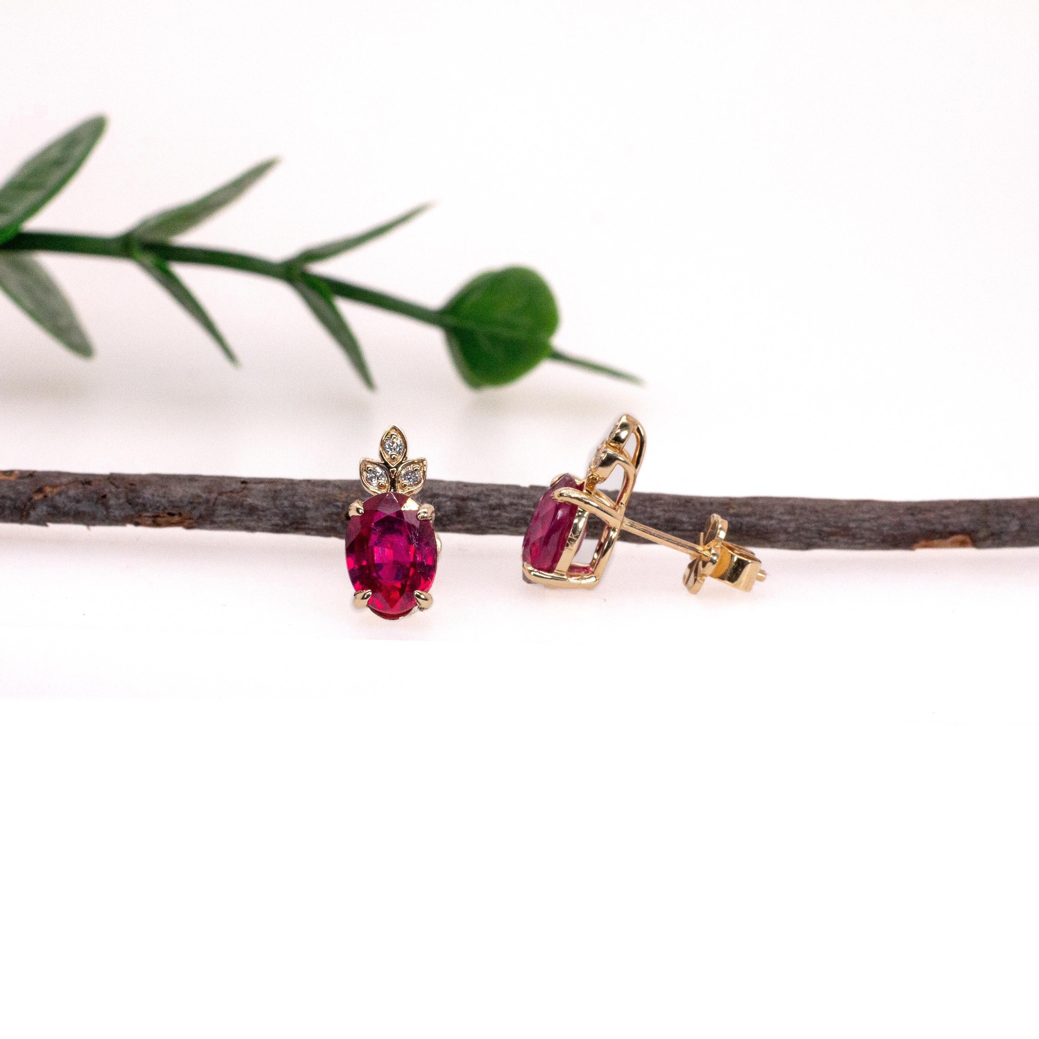 Art Deco Madagascar Ruby Stud Earrings w Diamond Accents in 14K Yellow Gold  OV 8x6mm For Sale