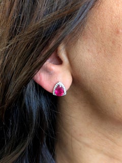 Madagascar Ruby Stud Earrings with Earth Mined Diamonds: Solid 14K Gold, 9x7mm