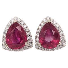 Madagascar Ruby Stud Earrings with Earth Mined Diamonds: Solid 14K Gold, 9x7mm