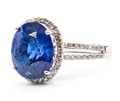 Madagascar Sapphire & Diamond Halo Split-Shank Ring in 18k White Gold