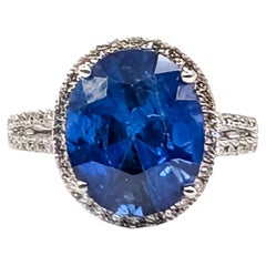 Madagascar Sapphire & Diamond Halo Split-Shank Ring in 18k White Gold