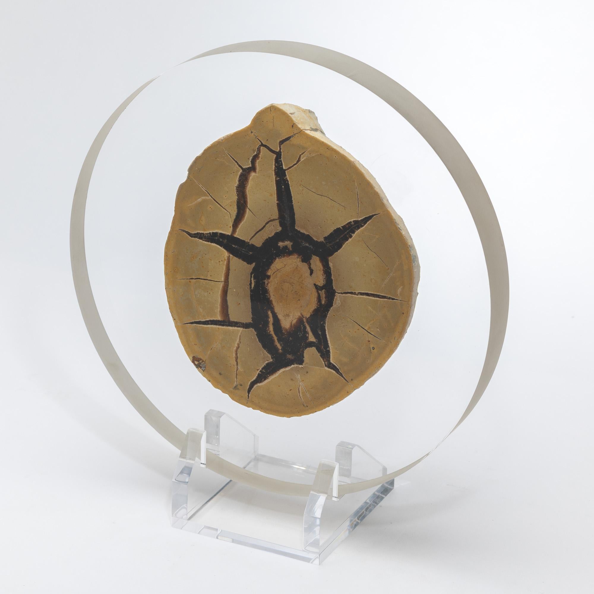Other Madagascar Septarian Calcite half nodule mounted on a custom acrylic base For Sale
