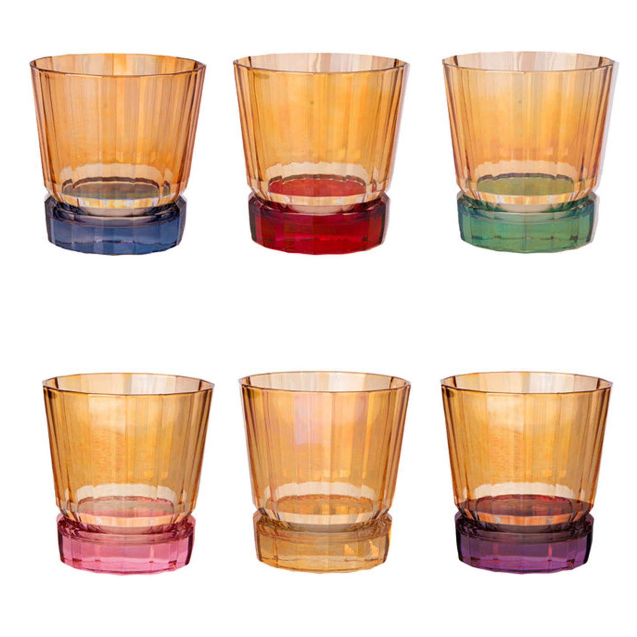 A rainbow of colors that will enliven any occasion, this set of six water glasses is elegant and eclectic. It can be used everyday or, combined with the other sets in the same Madagascar Collection to create a striking effect on a neutral-tone or