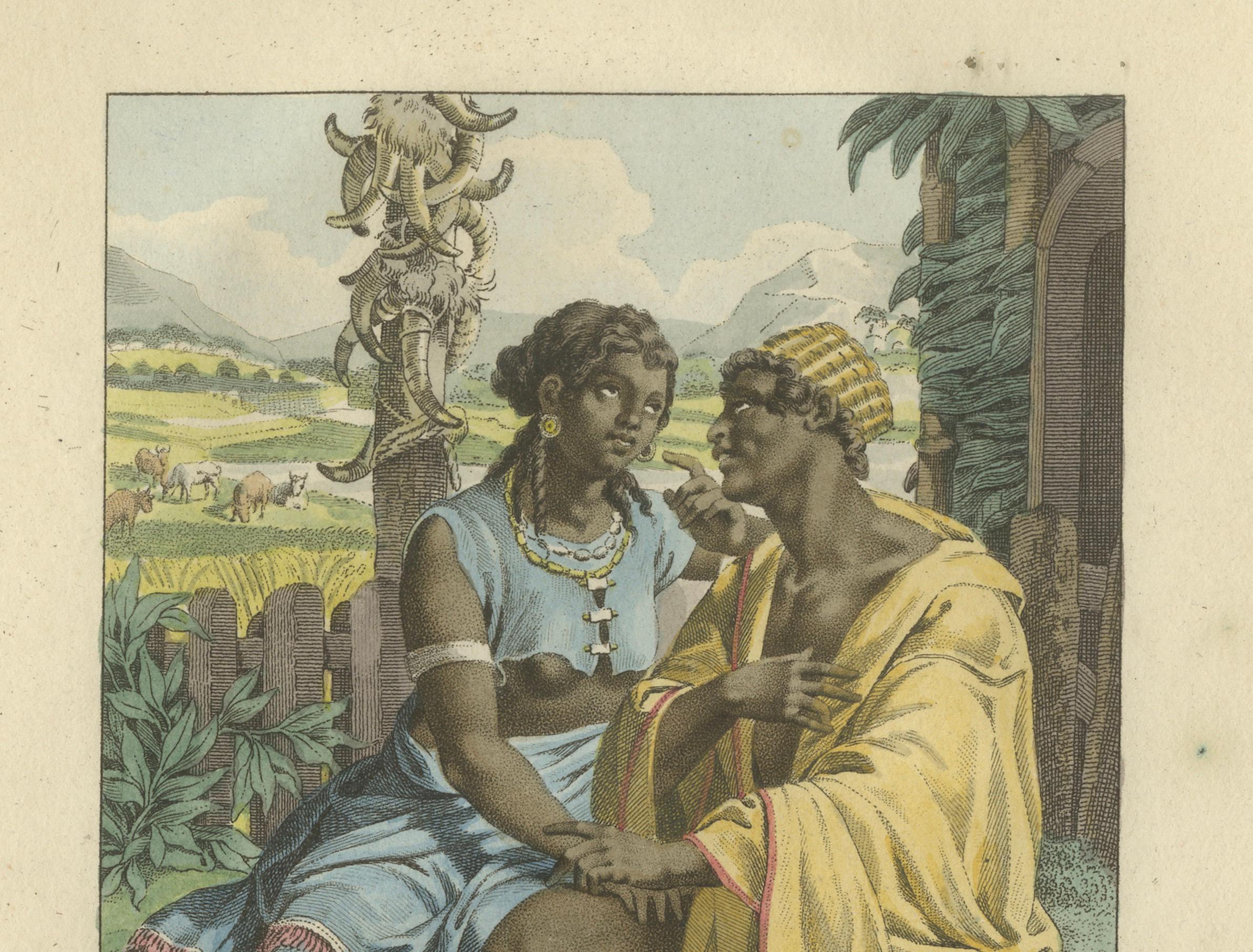 Madagaskar - Antiker handkolorierter ethnografischer Kupferstich (um 1810) (Niederländisch) im Angebot