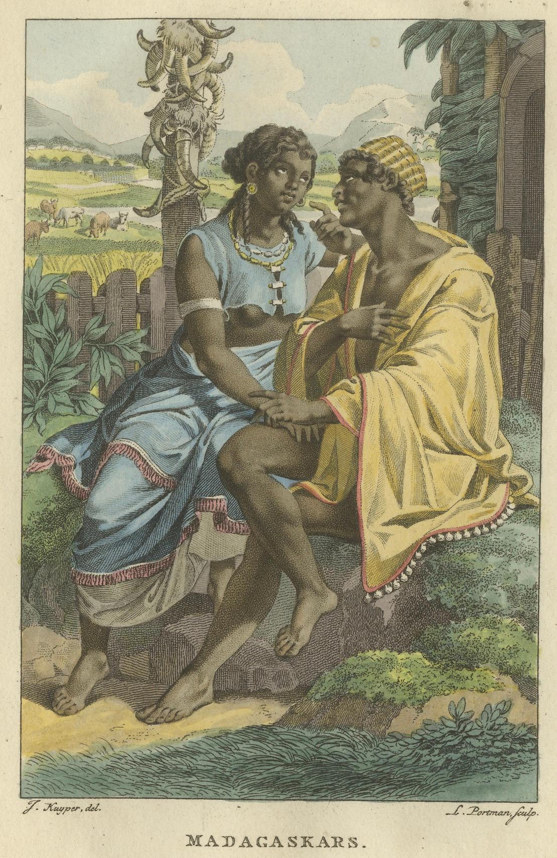 Madagaskar - Antiker handkolorierter ethnografischer Kupferstich (um 1810) im Zustand „Gut“ im Angebot in Langweer, NL