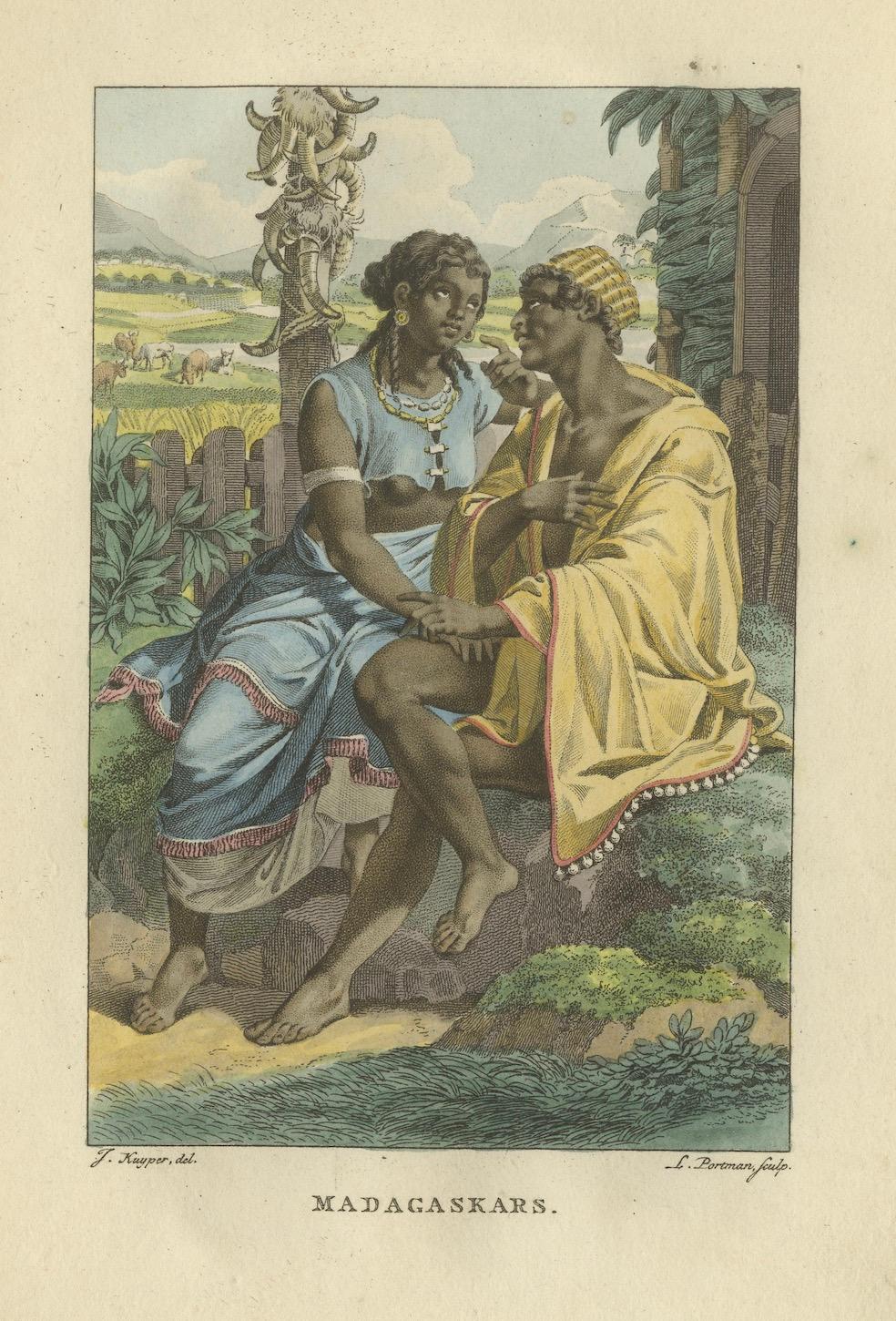 Madagaskar - Antiker handkolorierter ethnografischer Kupferstich (um 1810) (19. Jahrhundert) im Angebot