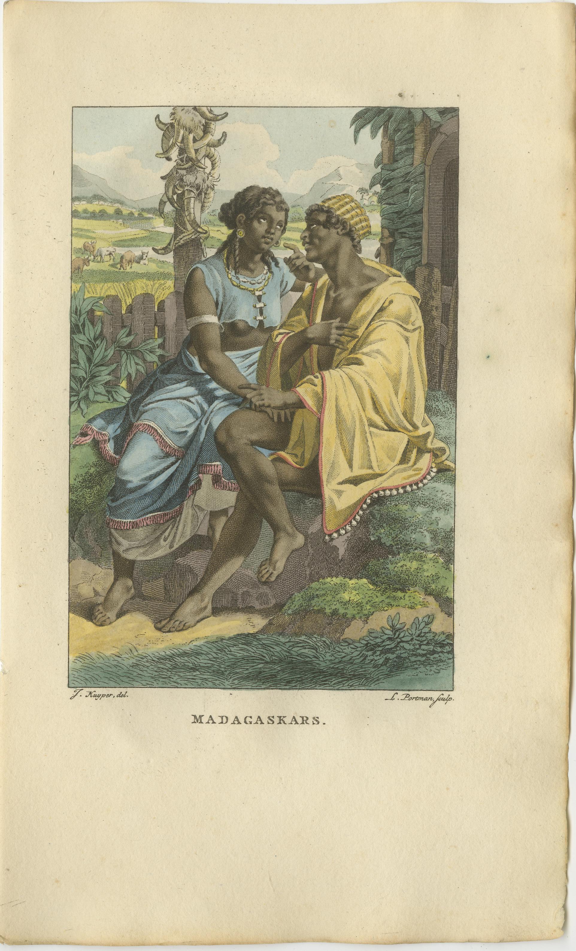 Madagaskar - Antiker handkolorierter ethnografischer Kupferstich (um 1810) (Papier) im Angebot