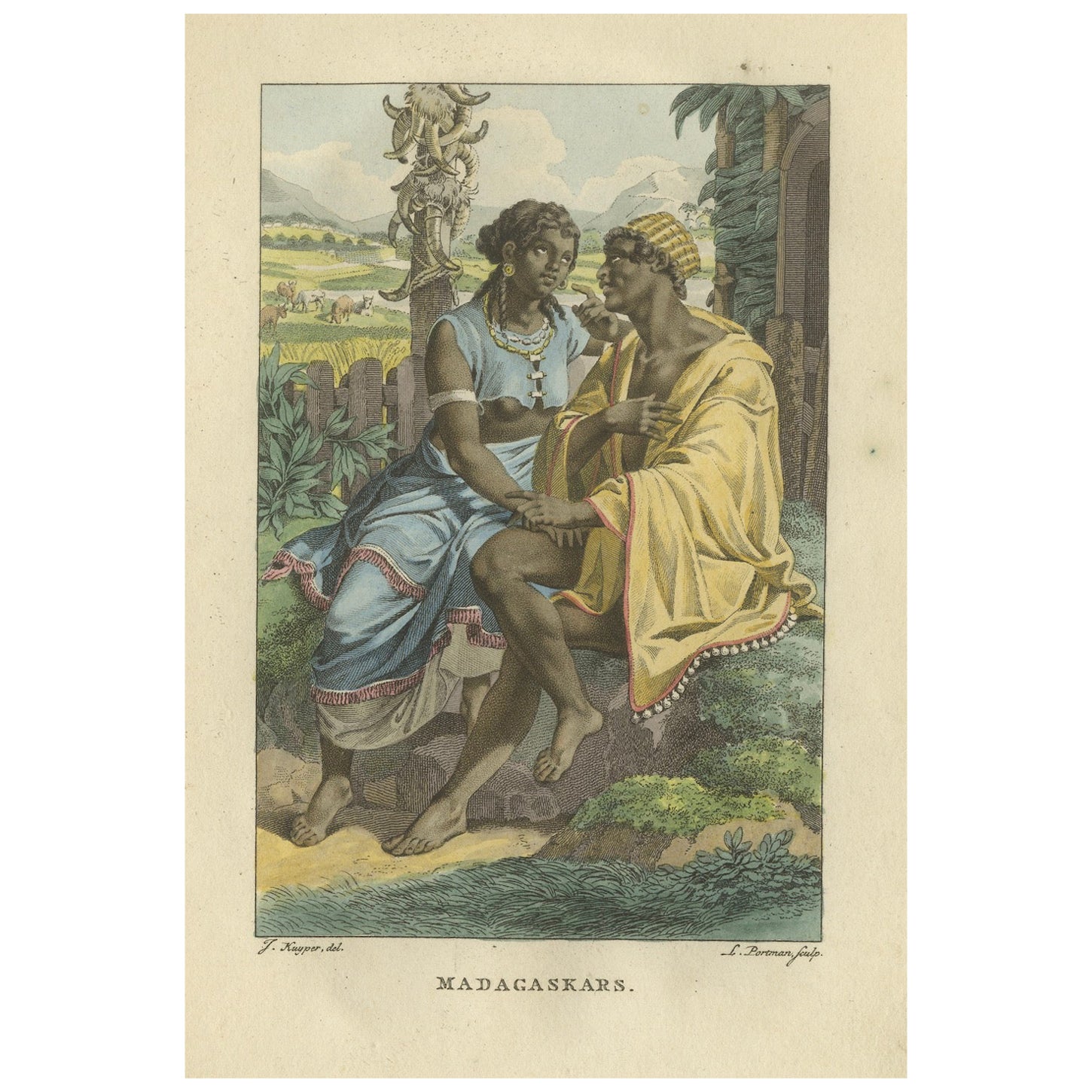 Madagaskar - Antiker handkolorierter ethnografischer Kupferstich (um 1810)