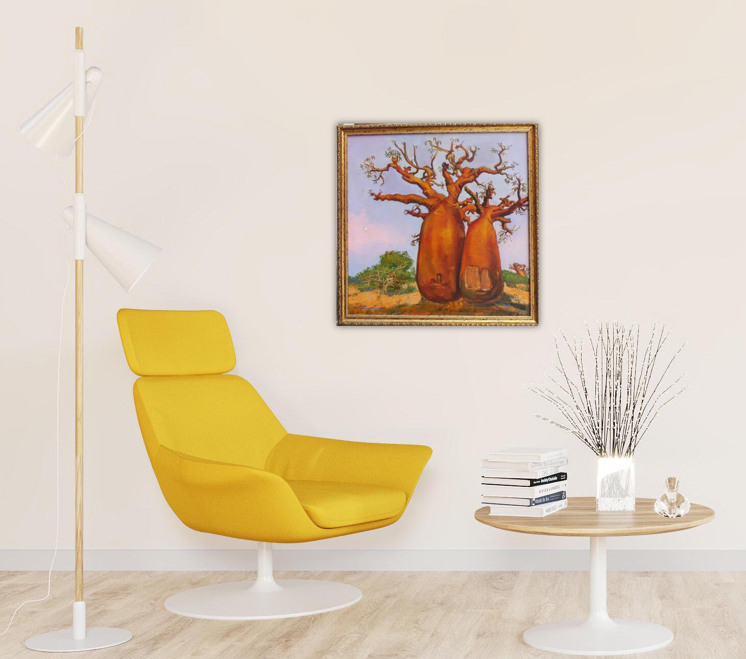 Este cuadro fue escrito bajo la impresión de un viaje a África.
El baobab es un árbol especial para los african people. Simboliza el árbol de la vida, la fuerza y la energía, es el árbol de los antepasados. Un cuadro así queda bien en el interior y