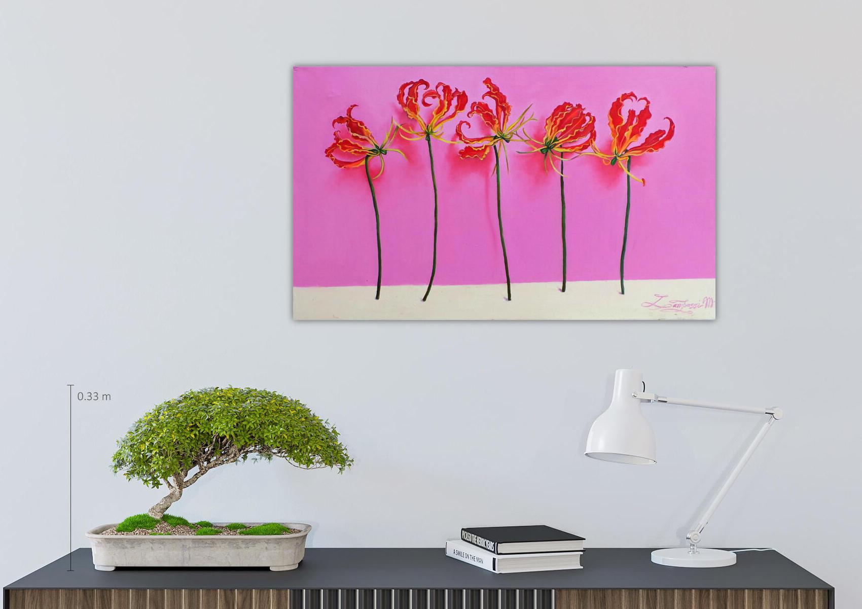 El cuadro está escrito en un estilo minimalista especial para interiores modernos que pueden incluir grises, tonos neutros y acentos brillantes. Ligereza y gracia de las formas naturales junto con elementos planos brillantes.