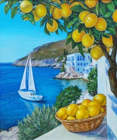 «Brisa de limón y velas blancas», pintura paisajística realista, óleo sobre lienzo