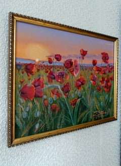 Whispers of the Crimson Field, Impressionist Landscape, Oil on Canvas