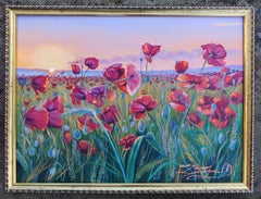 Whispers of the Crimson Field, Impressionist Landscape, Oil on Canvas