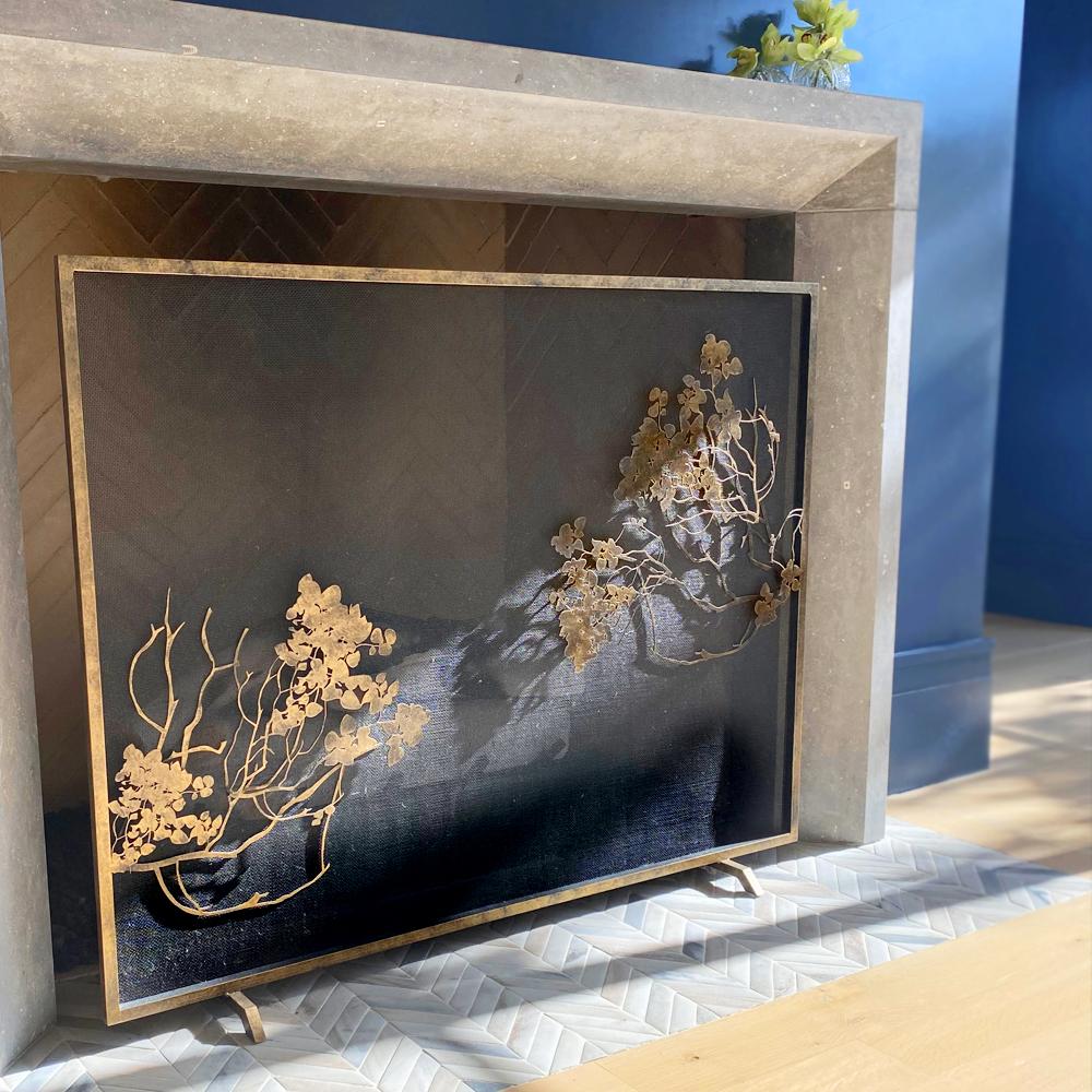 Contemporary Madalyn Fire Screen in Aged Gold, Ready to Ship