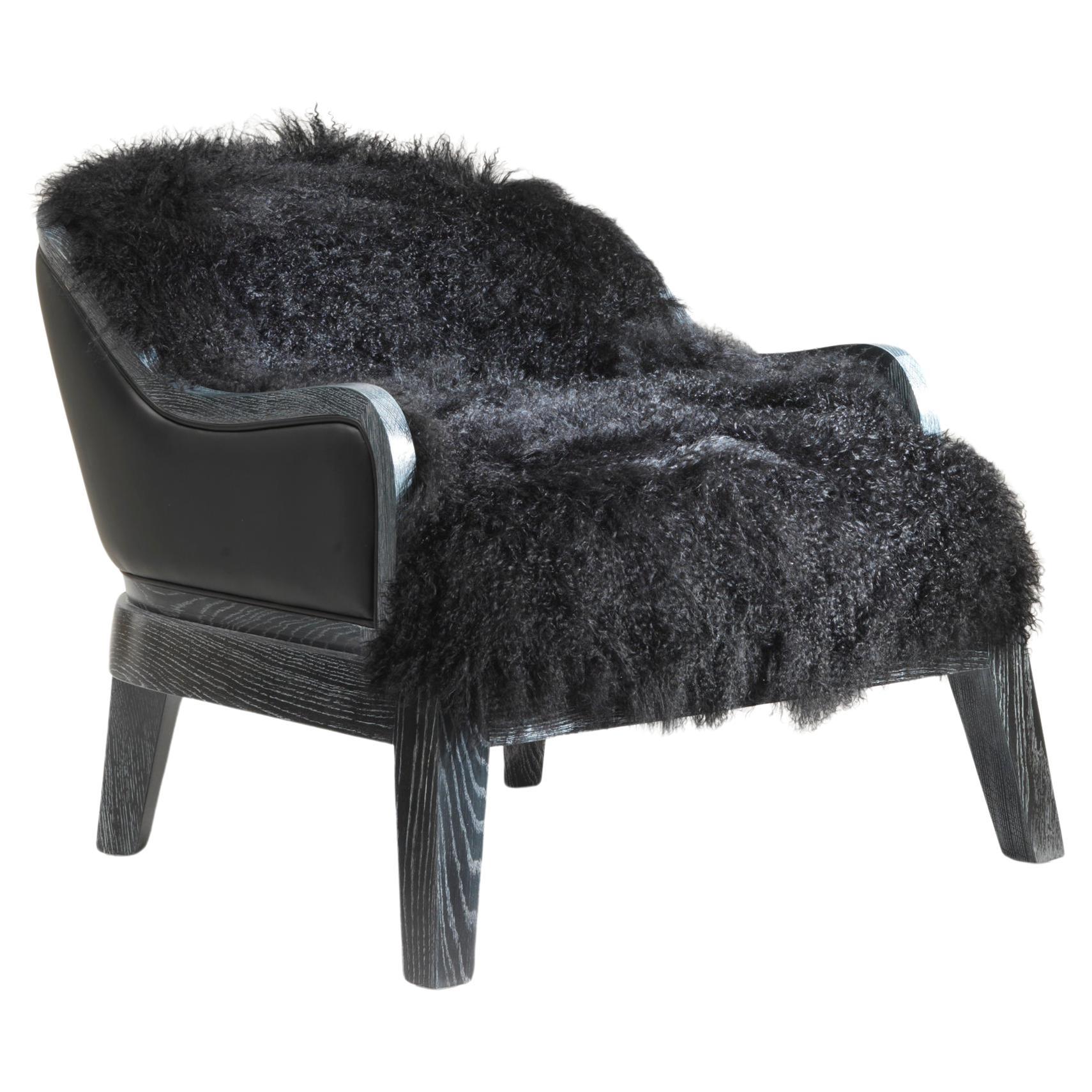 Madama black lamb fur wooden low armchair in oak For Sale