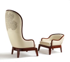 Madama Low Brown Cream Wooden Armchair in Shiny Mahogany and Leather