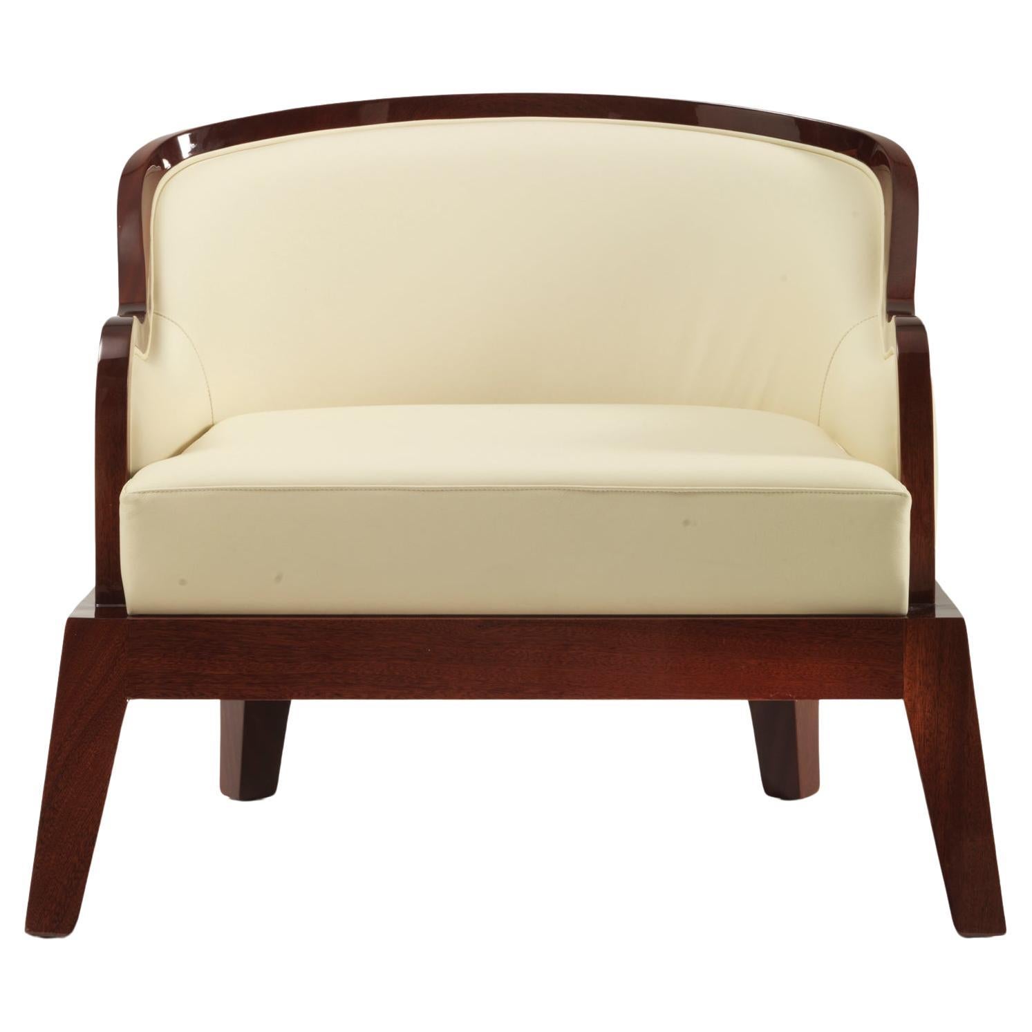 Madama Low Brown Cream Wooden Armchair in Shiny Mahogany and Leather 