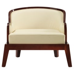 Madama Low Brown Cream Wooden Armchair in Shiny Mahogany and Leather 