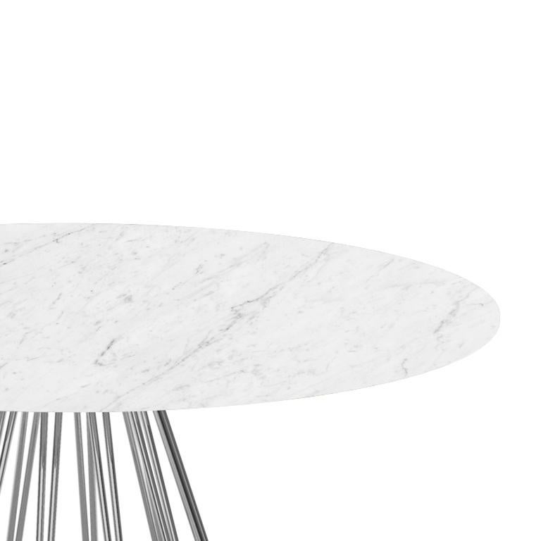 Madama white carrara marble table by LapiegaWD
Designed by Enrico Girotti
Materials: G00 chrome polished metal, white Carrara marble.
Dimensions: D 130 x H 75 cm.
Available in other finishes, materials and sizes.

A harmonic sequence of metal