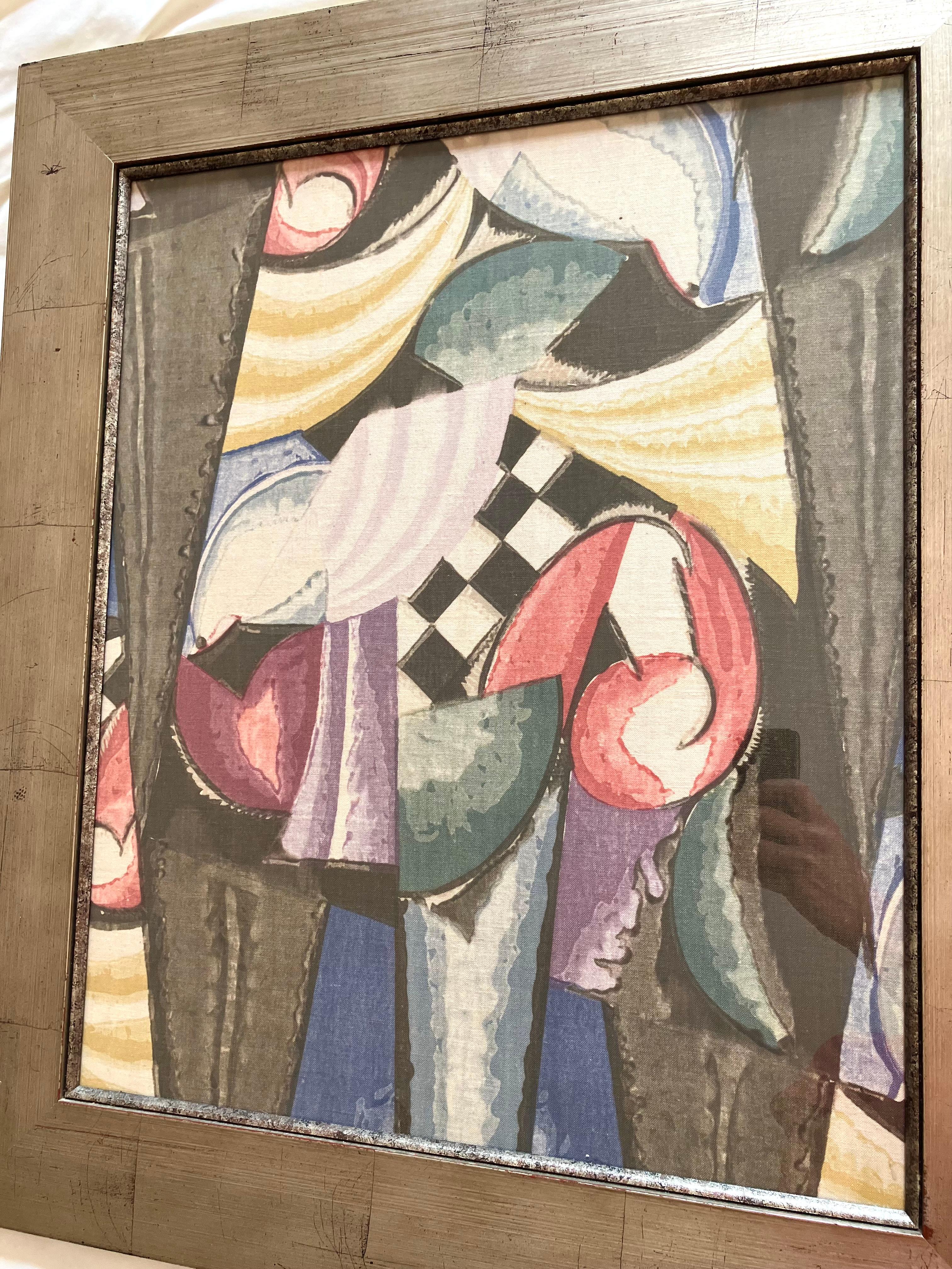 Très rare exemple de tissu d'ameublement cubiste conçu par Madame de Andrada pour la Maison Paul Dumas. Des exemples de ce motif de tissu figurent dans les collections du V&A Museum, à Londres, et du Cooper Hewitt Design Museum, à New York. Encadré