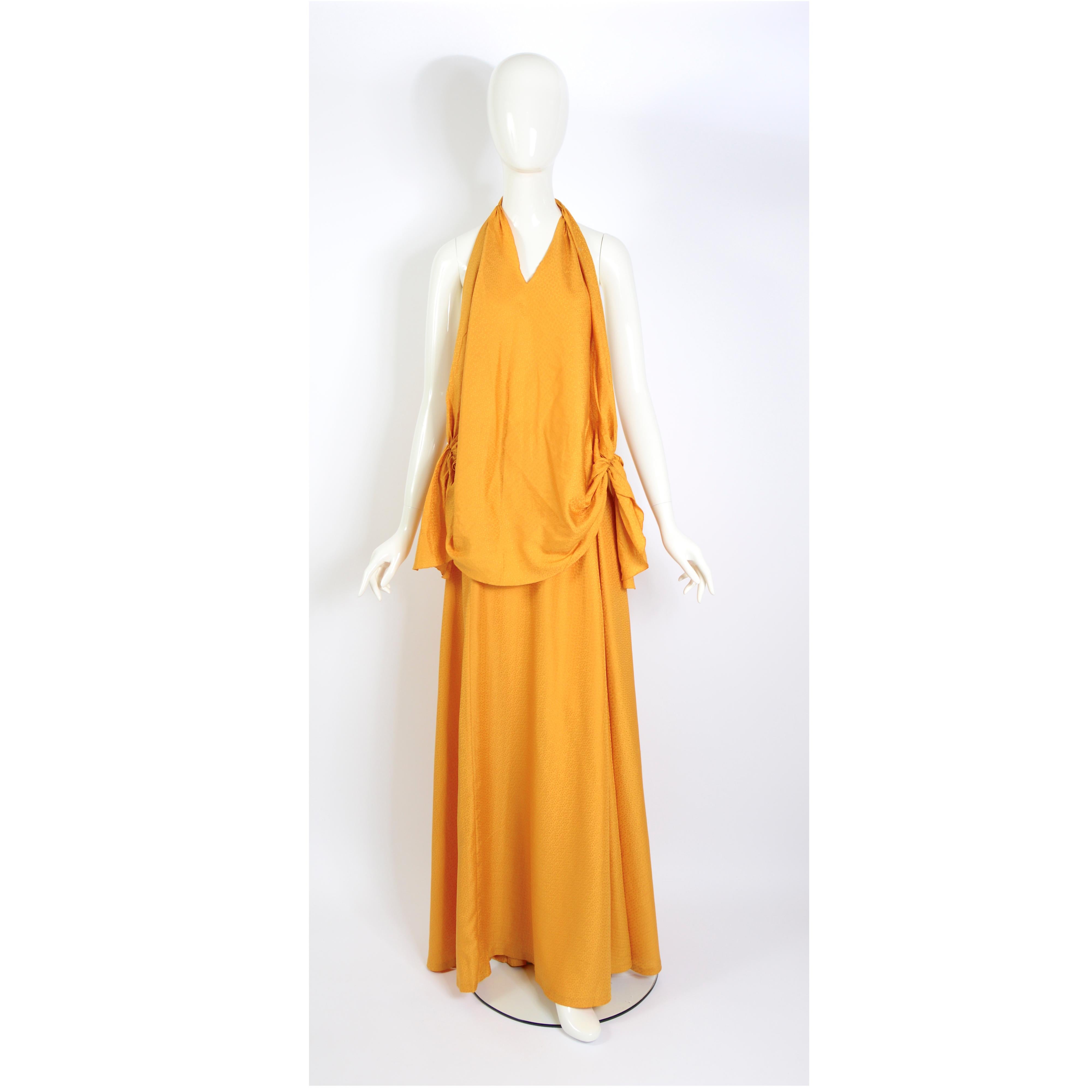 Madame Grès boutique 1970s vintage gold silk halter top & maxi skirt set.  5