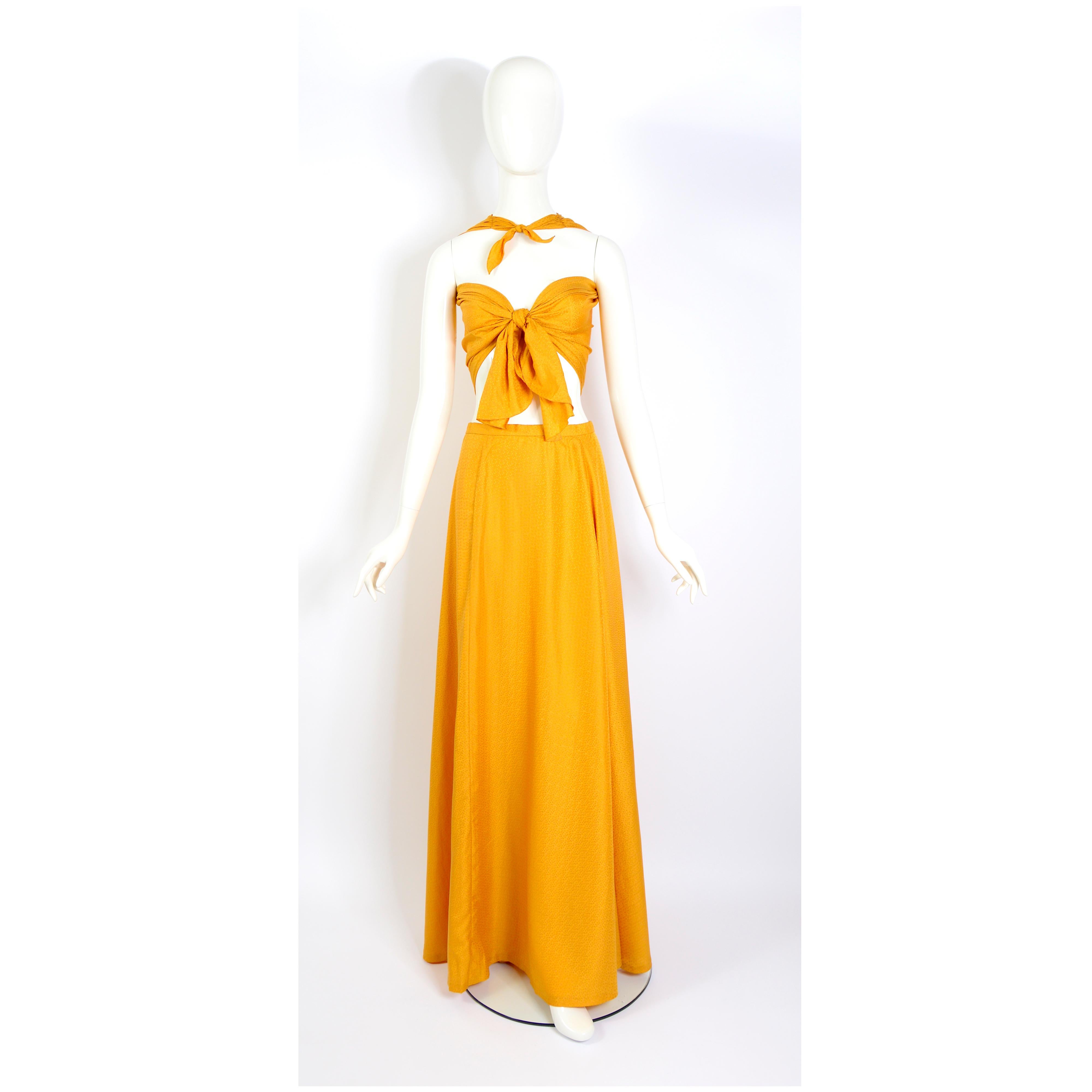 Madame Grès boutique 1970s vintage gold silk halter top & maxi skirt set.  6