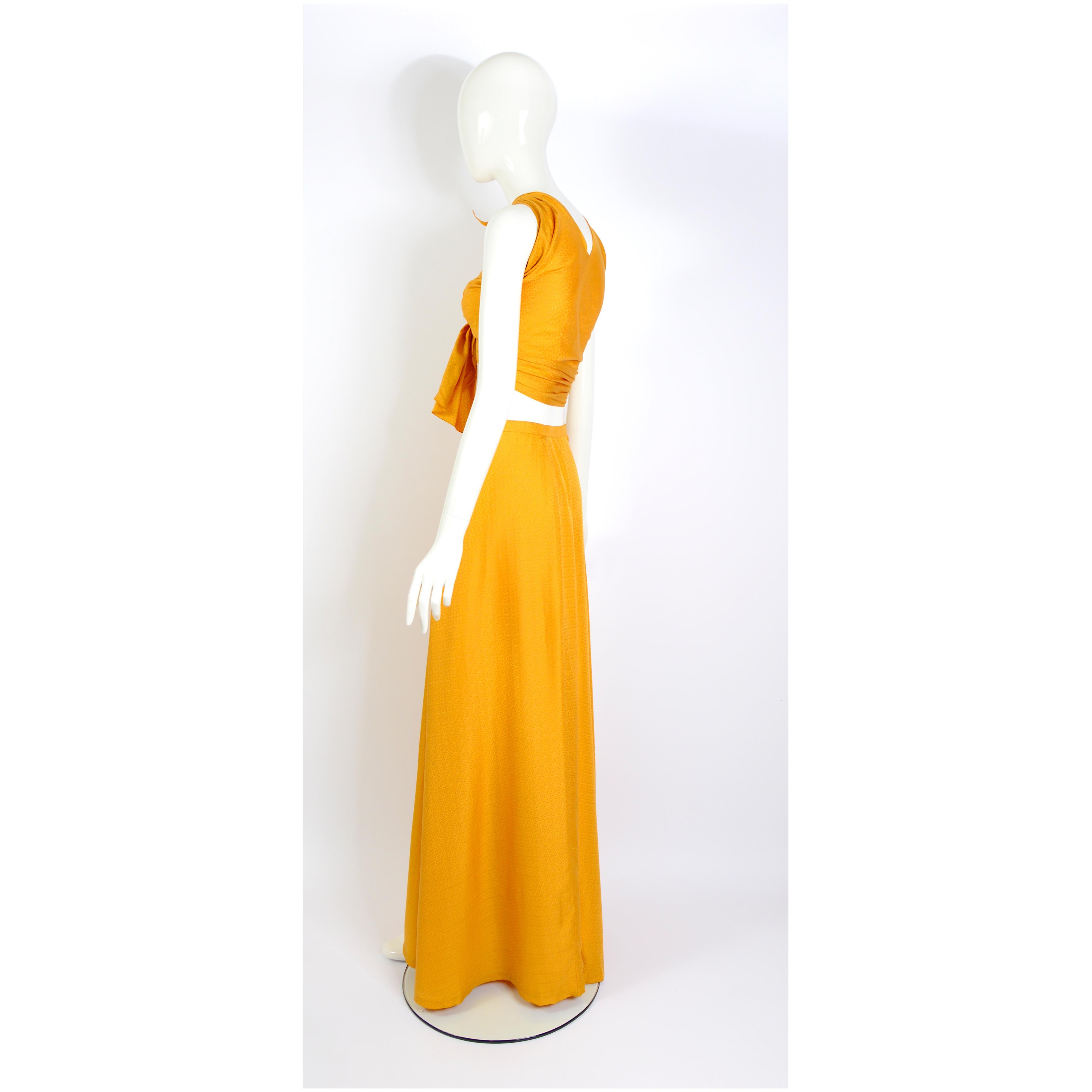 Madame Grès boutique 1970s vintage gold silk halter top & maxi skirt set.  7