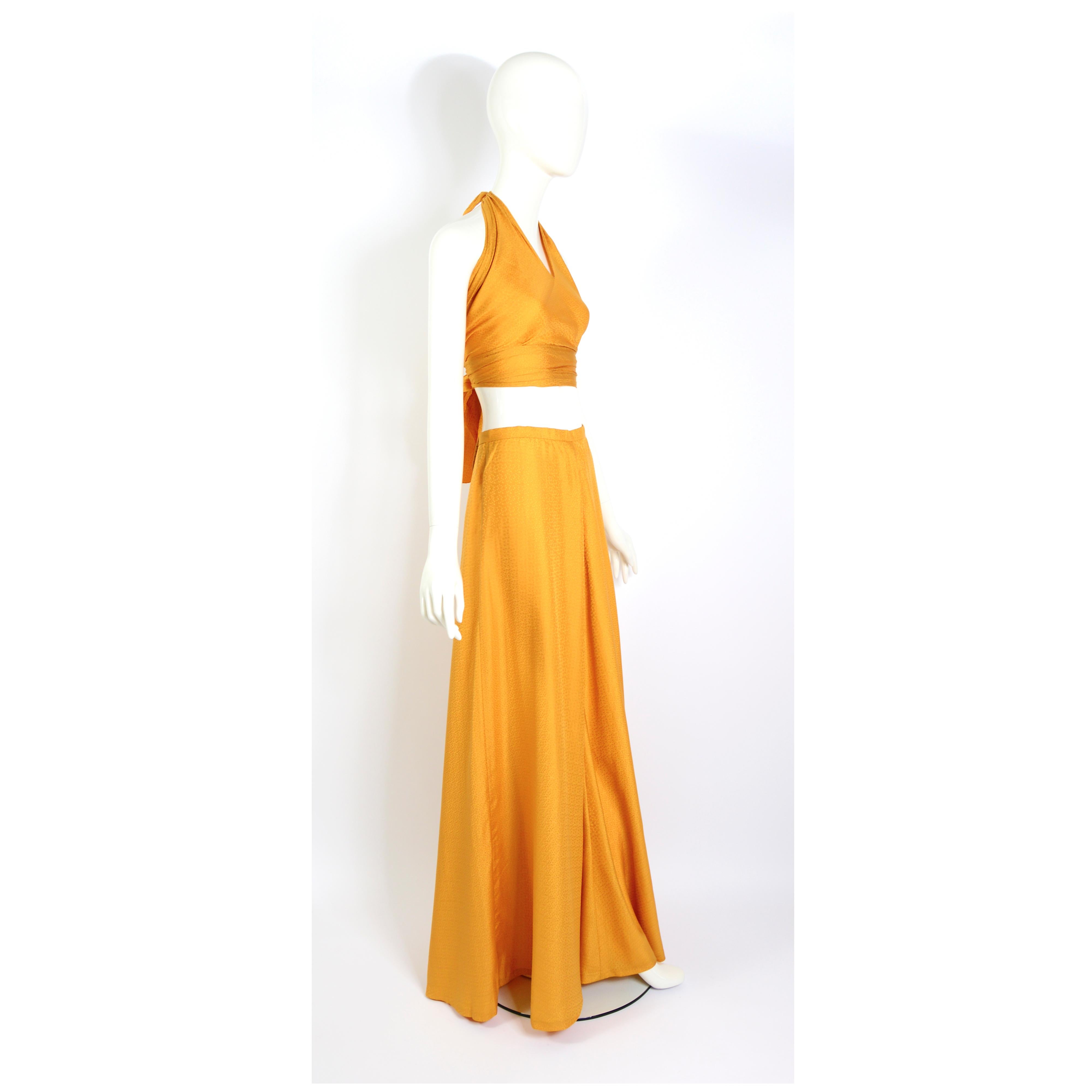 Madame Grès boutique 1970s vintage gold silk halter top & maxi skirt set.  In Excellent Condition In Antwerp, BE