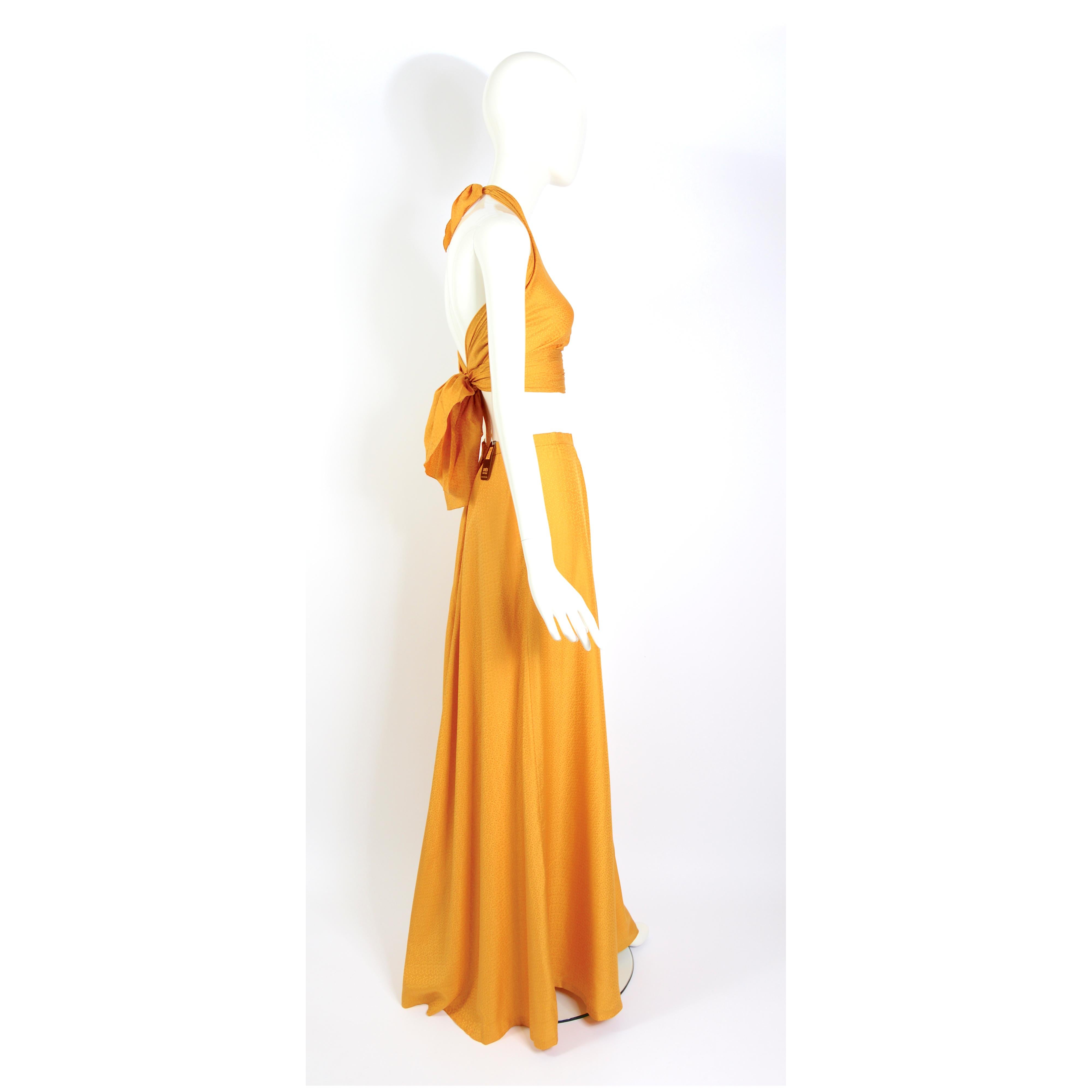 Women's Madame Grès boutique 1970s vintage gold silk halter top & maxi skirt set. 