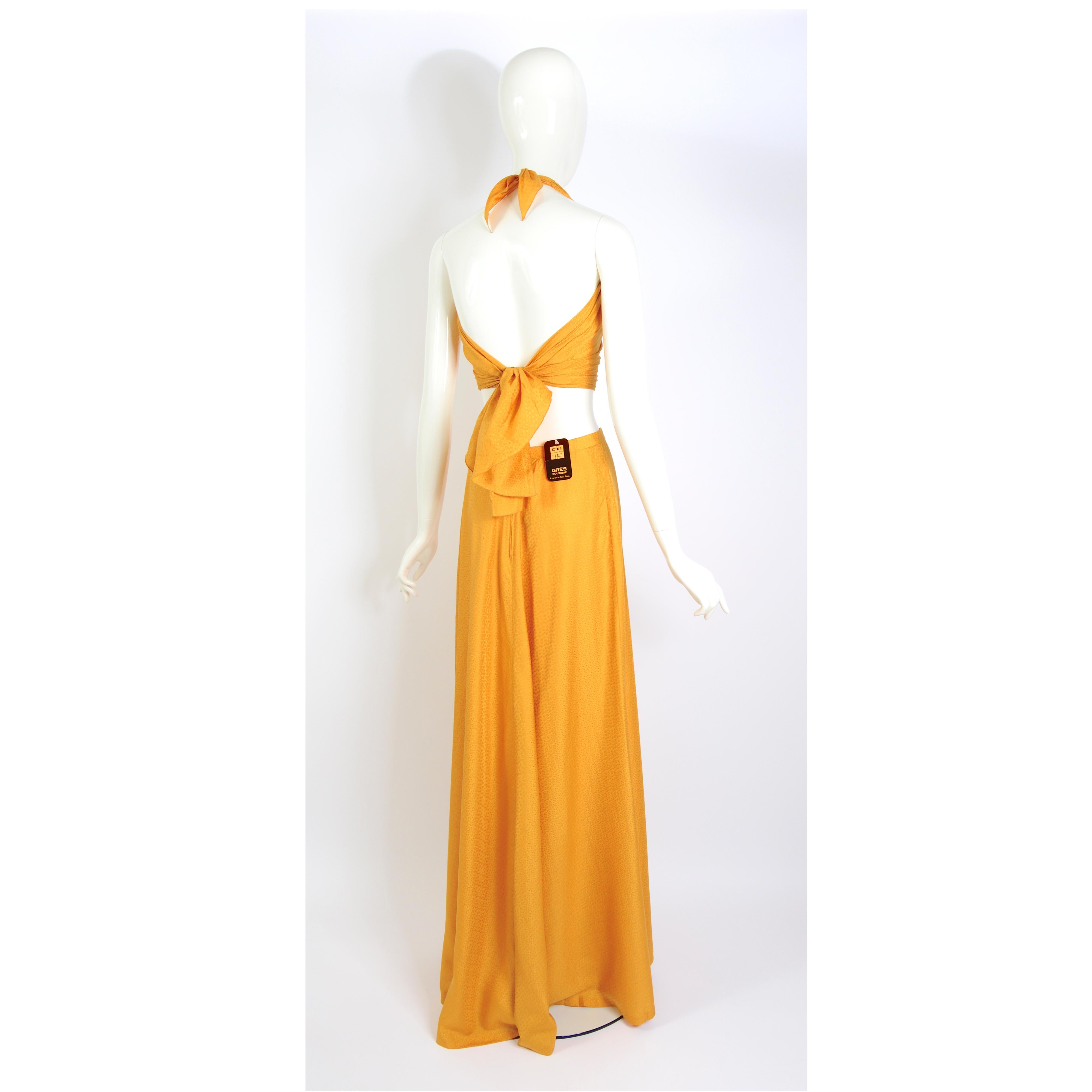 Madame Grès boutique 1970s vintage gold silk halter top & maxi skirt set.  1