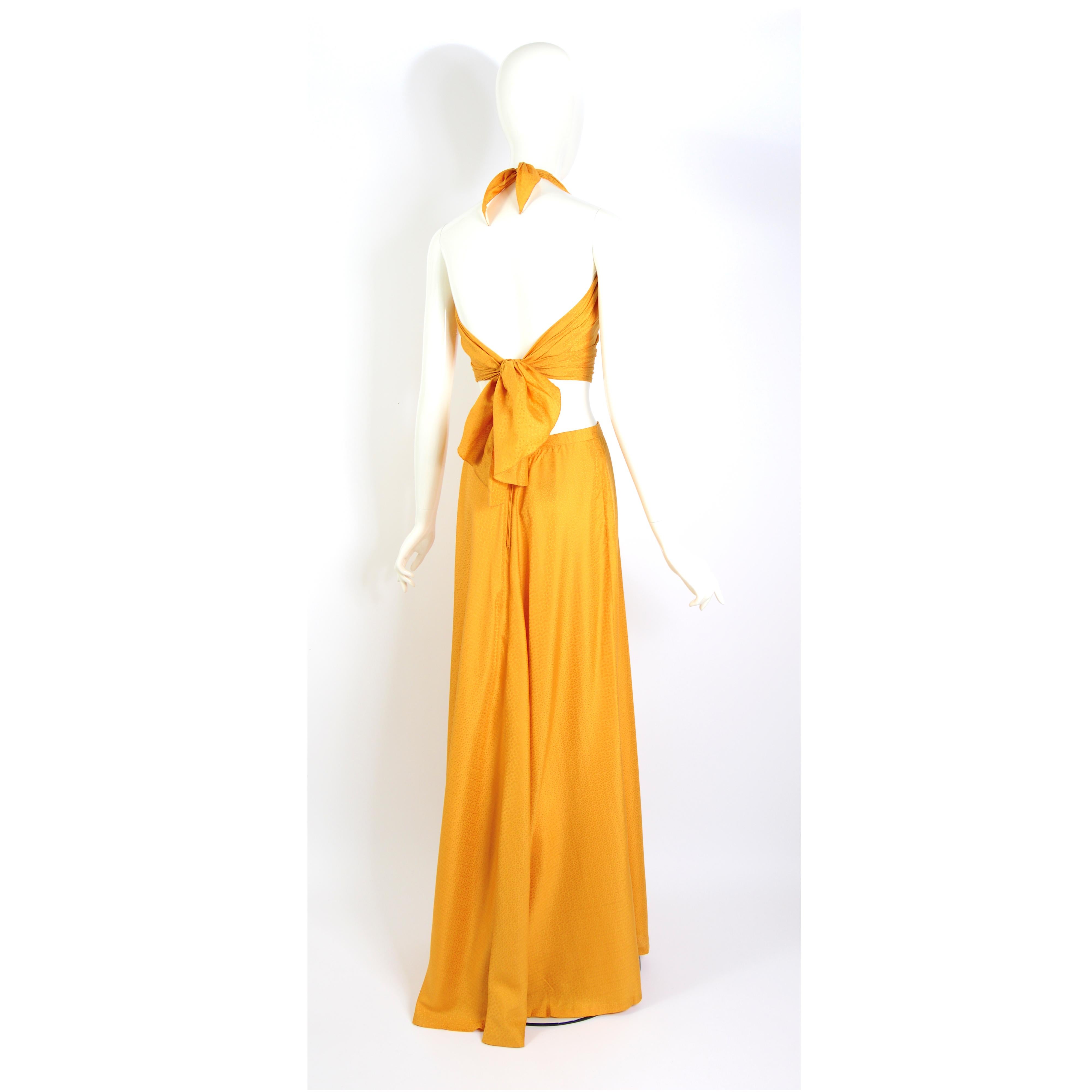 Madame Grès boutique 1970s vintage gold silk halter top & maxi skirt set.  2