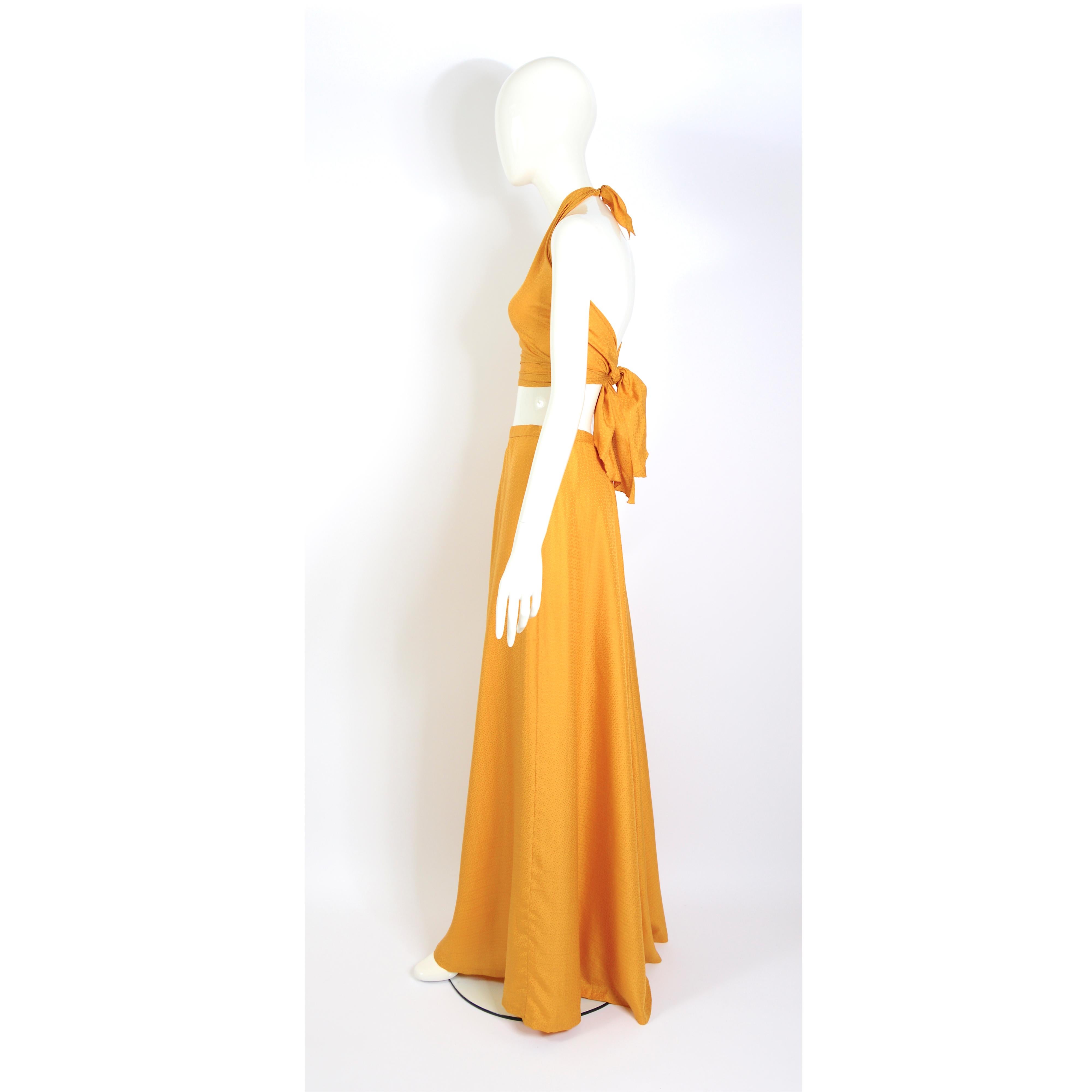 Madame Grès boutique 1970s vintage gold silk halter top & maxi skirt set.  3