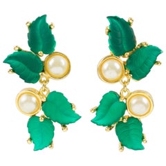 Madame Gres Paris Clip Earrings Green Poured Glass Leaves