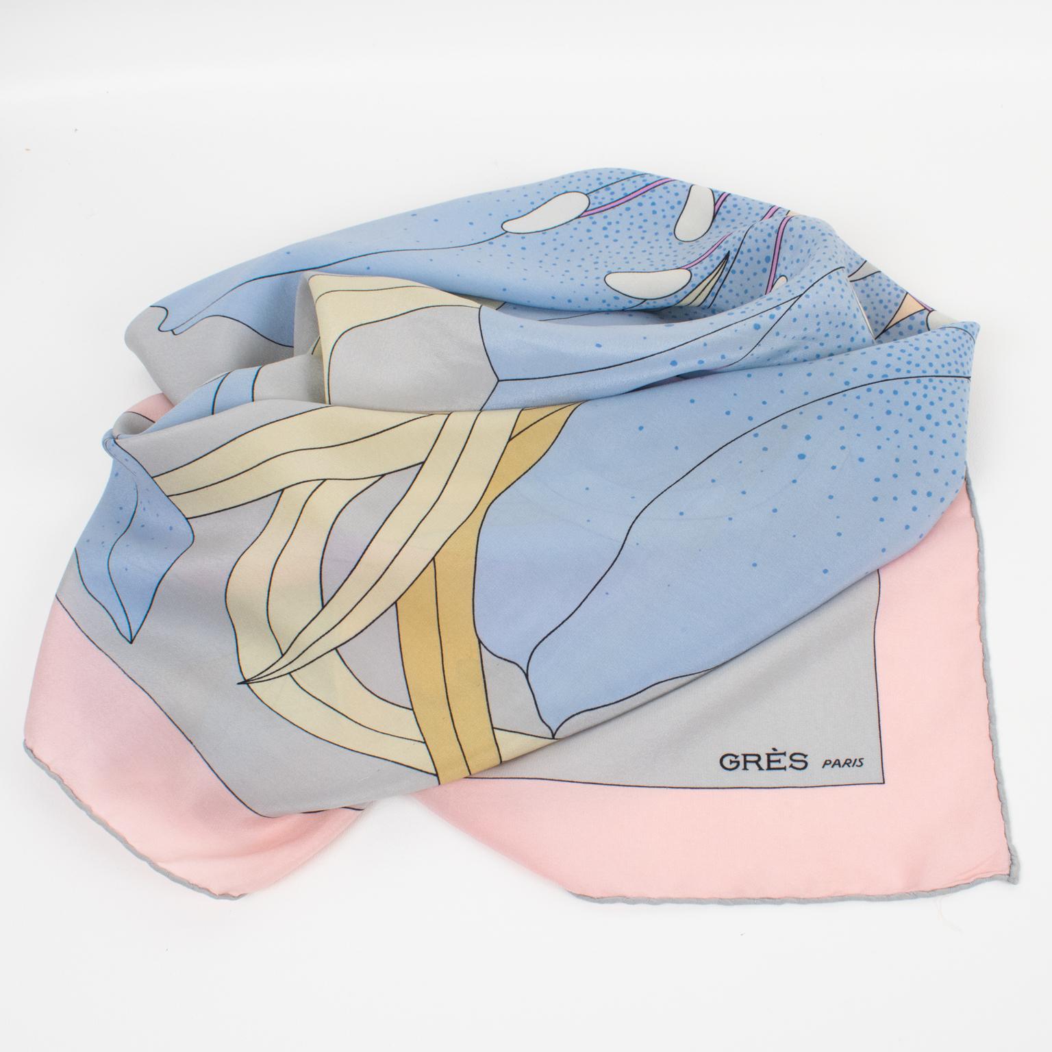 Gray Madame Grès Paris Silk Scarf Multicolor Pastel Giant Flower Print, c1970s For Sale