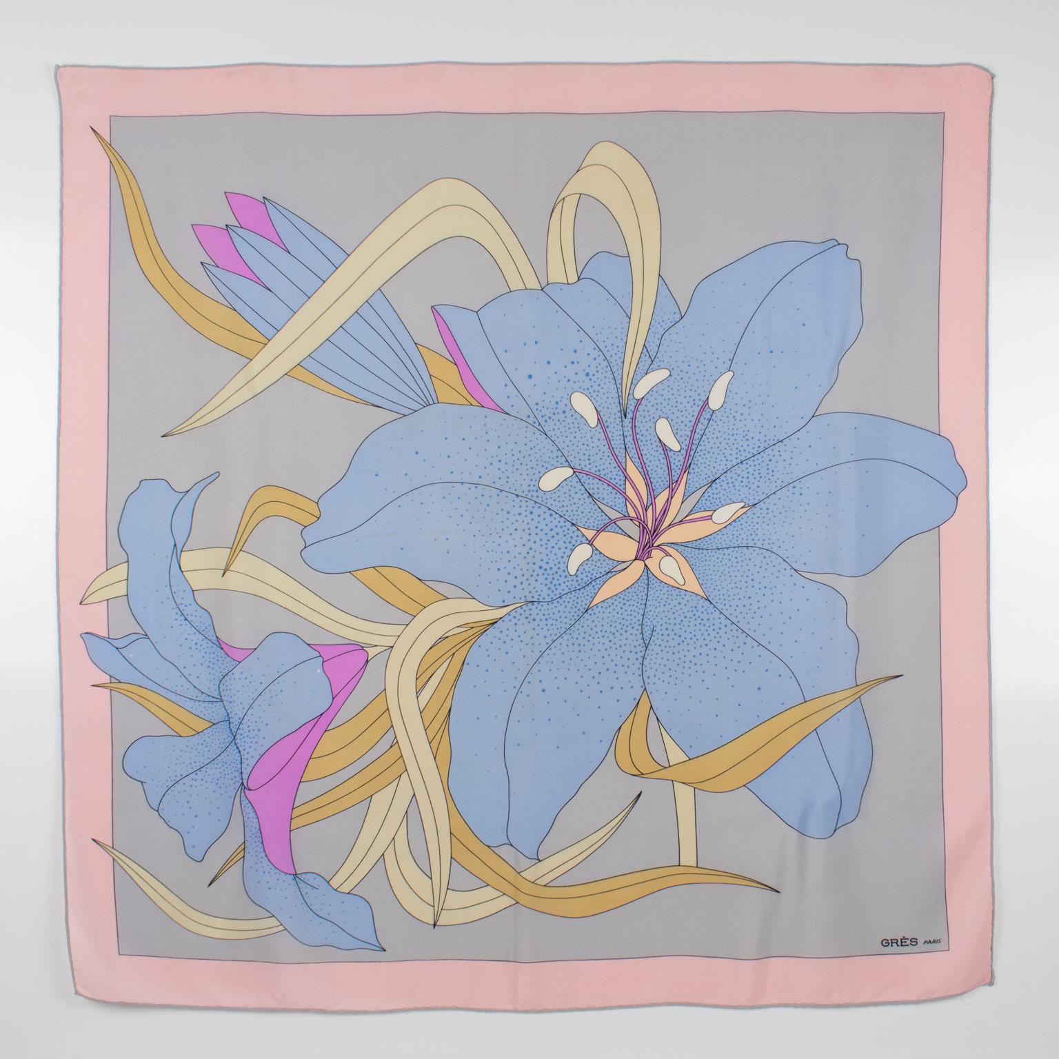 Women's Madame Grès Paris Silk Scarf Multicolor Pastel Giant Flower Print, c1970s For Sale