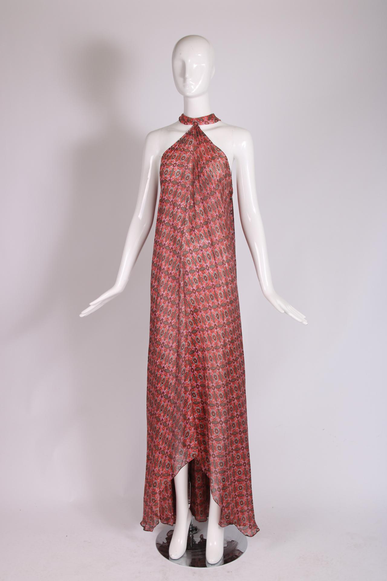 Madame Gres Pink Printed Chiffon Halter Neck Gown, 1970's In Excellent Condition In Studio City, CA