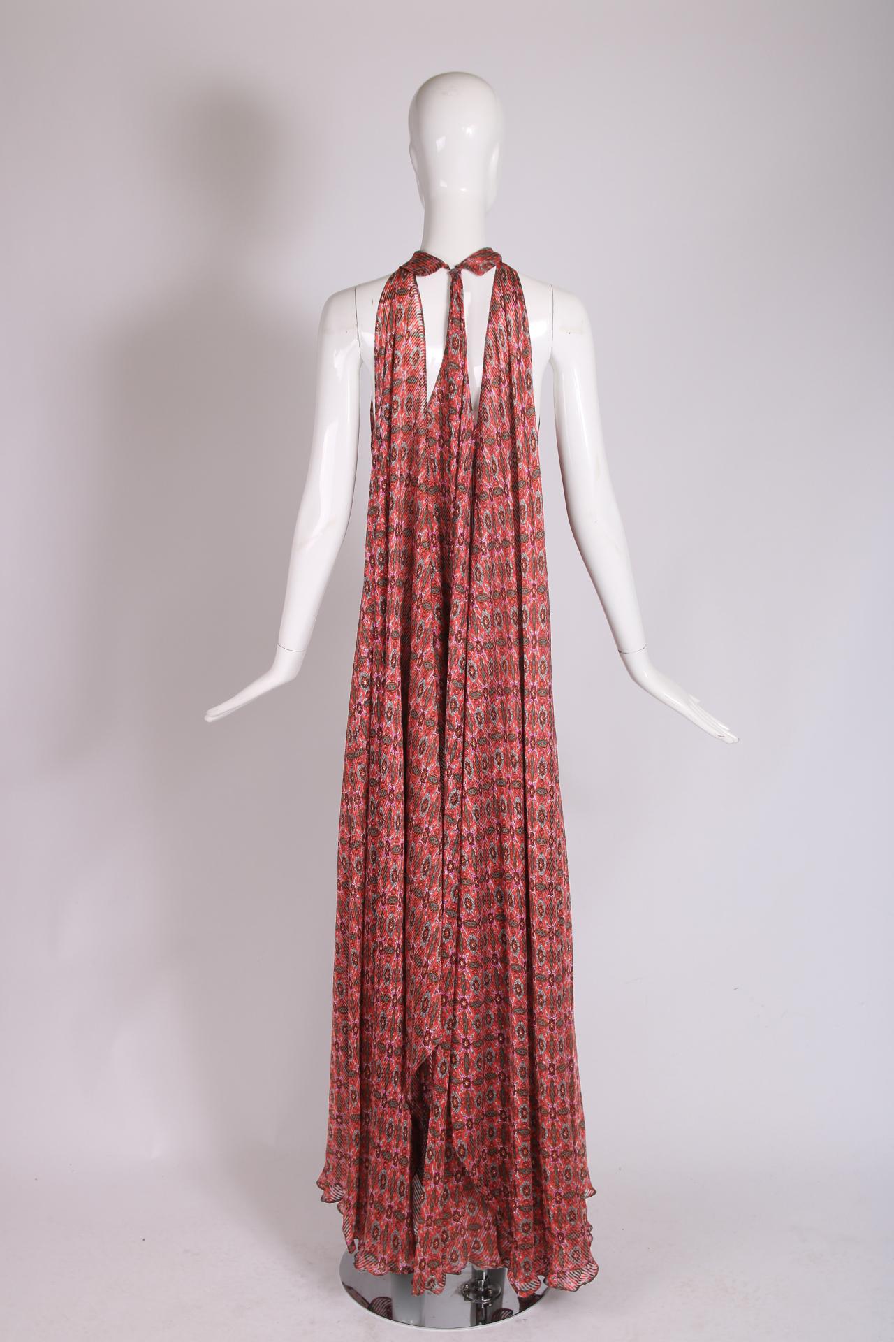 Madame Gres Pink Printed Chiffon Halter Neck Gown, 1970's 2